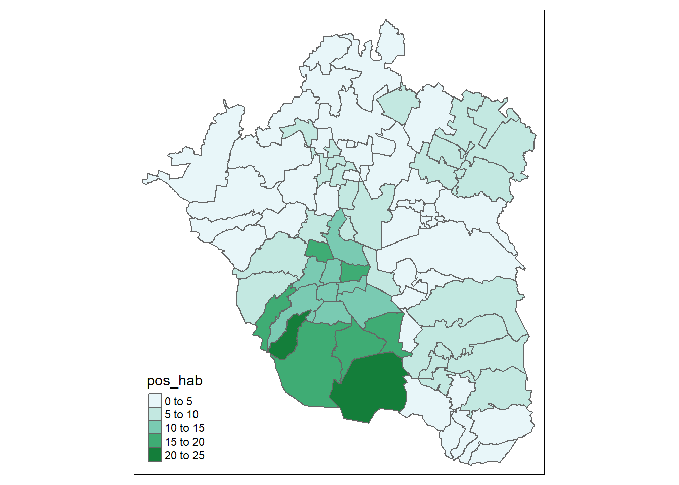Mapa tematico de la zona metropolitana que muestra la distribucón de la variable 'pos_hab' con el degradado de verdes presentado anteriormente. La Ciudad de México se mantiene de color verde mas obscuro